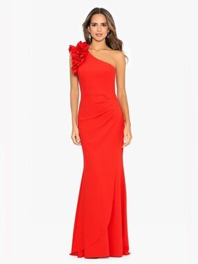 Xscape Ivy One Shoulder Ruffle Scuba Crepe Long Formal Dress Red Size 10P Petite